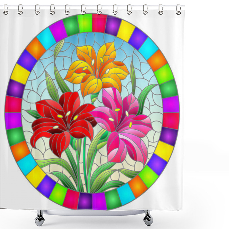 Personality  Llustration In Stained Glass Style With Flowers, Leaves And Buds Of Bright Lilies On A Blue Background, Round Image In A Bright Frame Shower Curtains