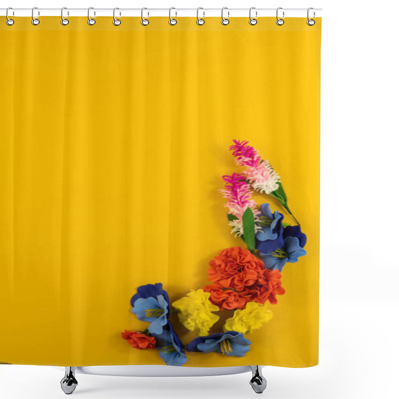 Personality  A Series Of Photographs With Beautiful Compositions On A Yellow Background On The Theme Of Relaxation, Tea Drinking, Cozy Still Lifes With Flowers And A Decorative Set, A Cup And Saucer Shower Curtains