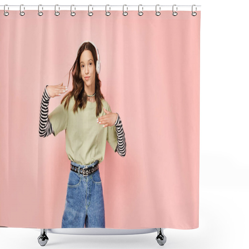 Personality  A Good Looking Teenage Girl Poses Actively In Stylish Vibrant Attire Of A Green Shirt And Blue Jeans. Shower Curtains