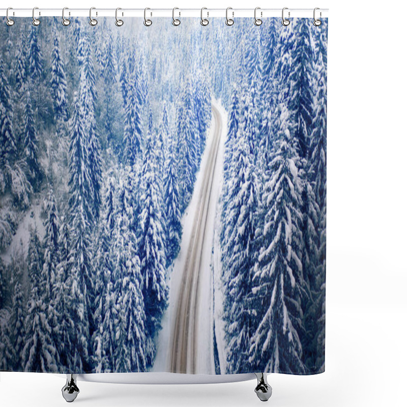 Personality  Aerial View Of A Curved Mountain Road Aerial View Of A Curved Mountain Road In Europe. Winter Mountain Landscape. Snow-covered Trees And Mountain Slopes. Drone View.Europe. Shower Curtains