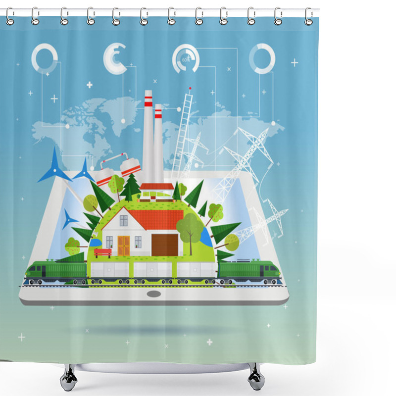 Personality  Train Station And Design Elements On Tablet  Shower Curtains