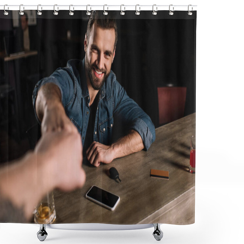 Personality  Cropped Image Of Visitor And Bartender Bumping Fists At Bar Counter Shower Curtains