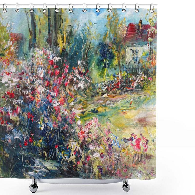 Personality  Blooming Flowers In The Garden Near The House, Oil Painting On Canvas                                Shower Curtains