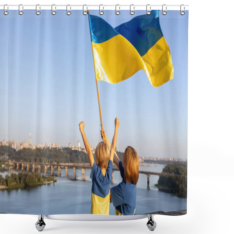 Personality  Mom And Son Stand High On Roof Of House Against Of Sky And Dnieper River In Kyiv. Patriotism, Drawing Attention To War In Ukraine. Support Ukraine. Independence Day. Faith In Victory. Stop The War Shower Curtains