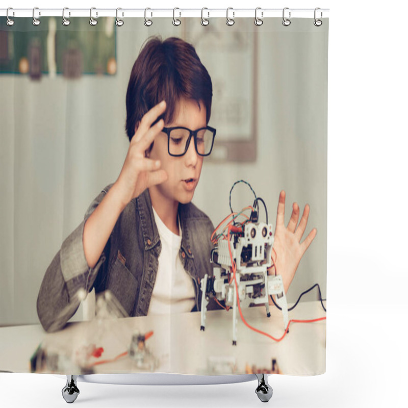 Personality  Boy Sitting At Desk And Constructing Robot At Home. Young Boy In Shirt. Indoor Joy. Modern Hobby Concept. Modern Technology. Robot Engineering Concept. Teenager With Robor. Innovation For Fun. Shower Curtains