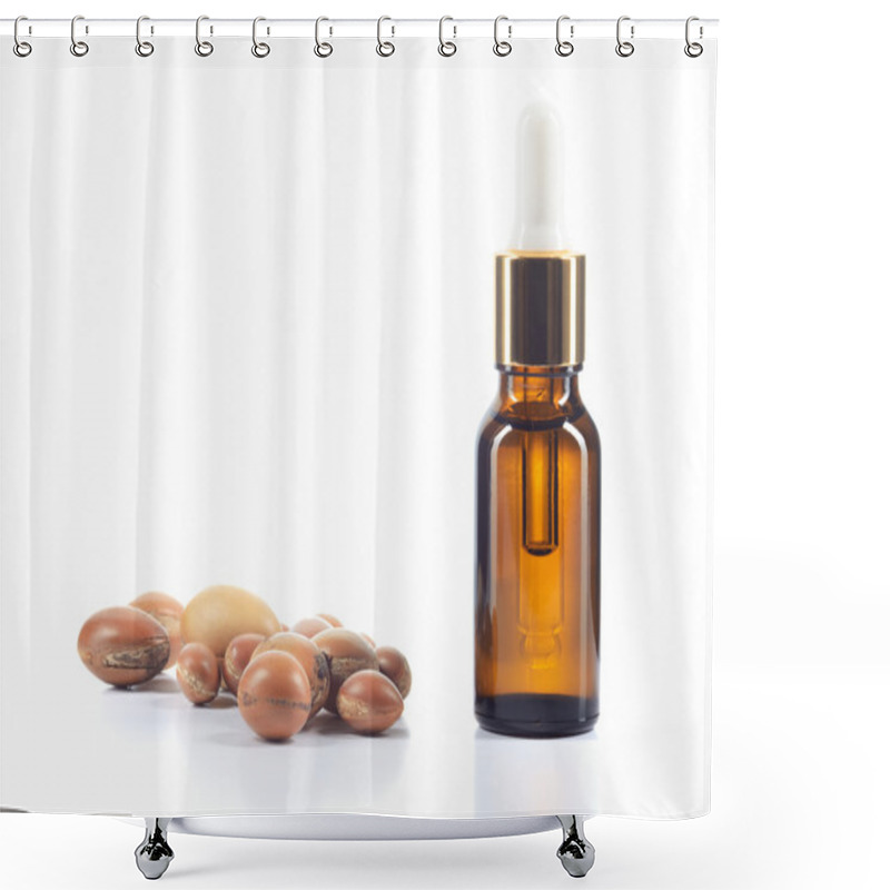 Personality  Argan Oil And Argan Nuts On White Background. Shower Curtains