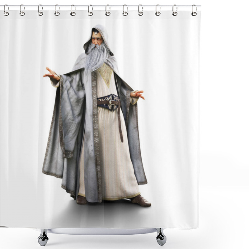 Personality  Portrait Of A Wizard Preparing To Cast A Spell On An Isolated White Background. 3d Rendering Shower Curtains