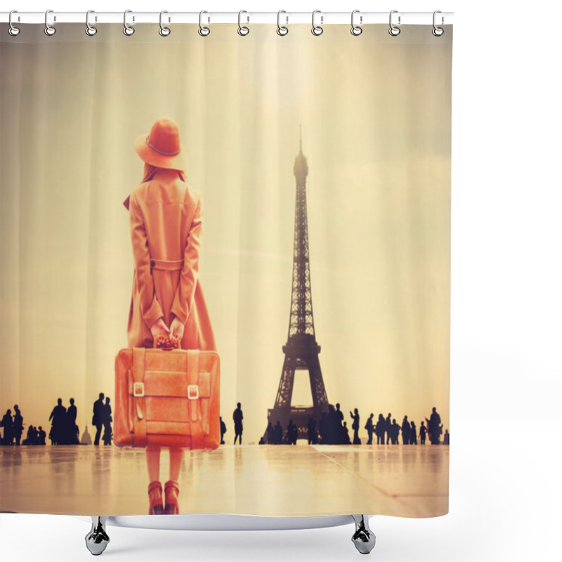 Personality  Redhead Girl With Suitcase  Shower Curtains