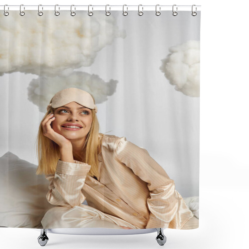 Personality  A Dreamy Blonde Woman In Cozy Pajamas Sitting Atop A White Pillow Among Fluffy Clouds. Shower Curtains