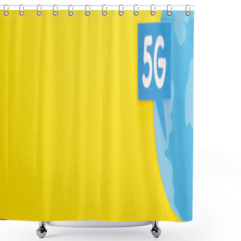 Personality  Top View Of Speech Bubble With 5g Lettering Near Blue Globe On Yellow Background, Panoramic Shot Shower Curtains