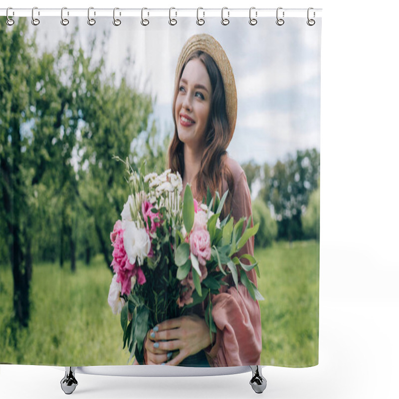 Personality  Portrait Of Pretty Young Woman In Hat With Bouquet Of Flowers In Park Shower Curtains