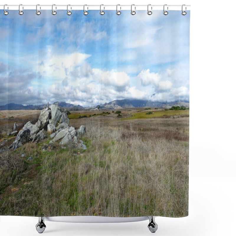 Personality   Calming Scene Of Nature With Wild Grass In The Foreground Leading To A Rock Formation And Hints Of Storm Clouds Approaching From The Back  Shower Curtains