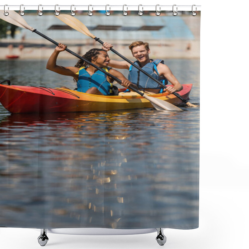 Personality  Charming African American Woman In Life Vest Looking At Excited Redhead Man While Sailing In Sportive Kayak With Paddles On Summer Day On Blurred Foreground Shower Curtains