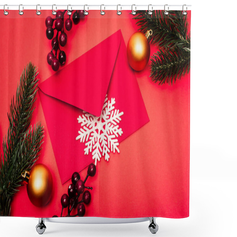 Personality  Top View Of Christmas Decoration And Envelope On Red Background Shower Curtains