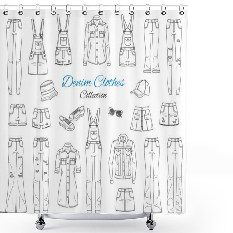 Personality  Denim Clothes Collection. Vector Sketch Illustration. Shower Curtains