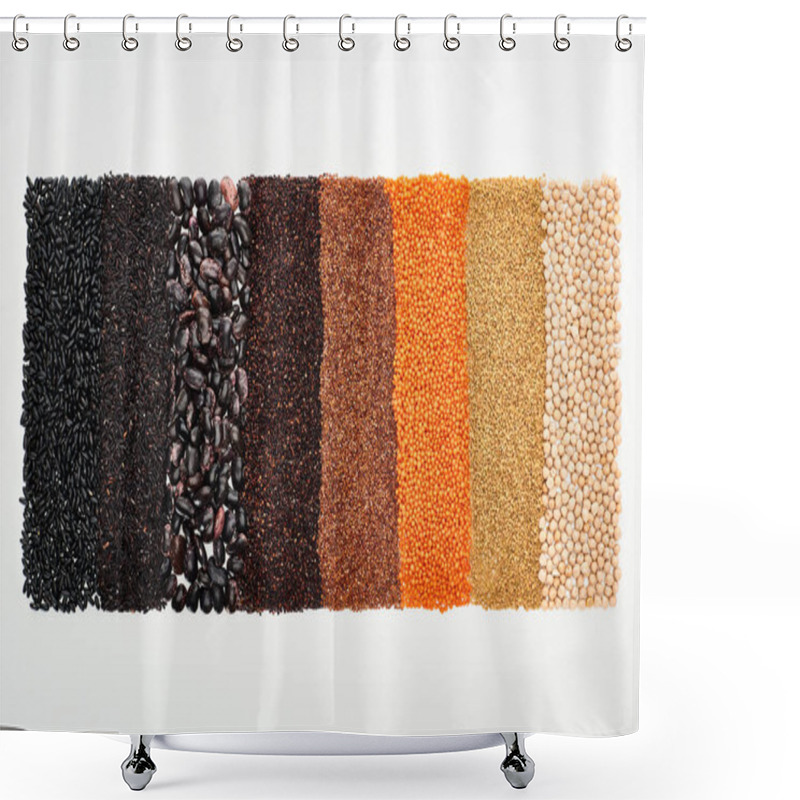 Personality  Top View Of Assorted Black Beans, Rice, Quinoa, Buckwheat, Chickpea And Lentil Isolated On White Shower Curtains