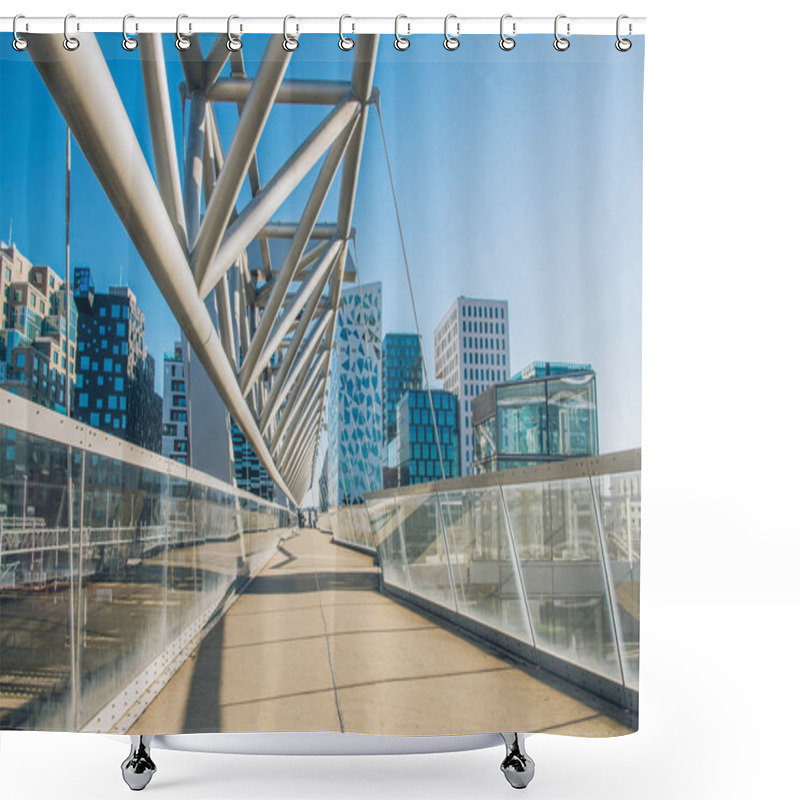 Personality  Empty Bridge And Contemporary Architecture At Barcode District, Oslo, Norway Shower Curtains