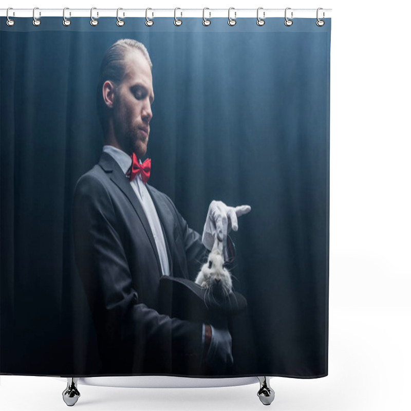 Personality  Professional Magician Taking White Rabbit From Hat, Dark Room With Smoke Shower Curtains