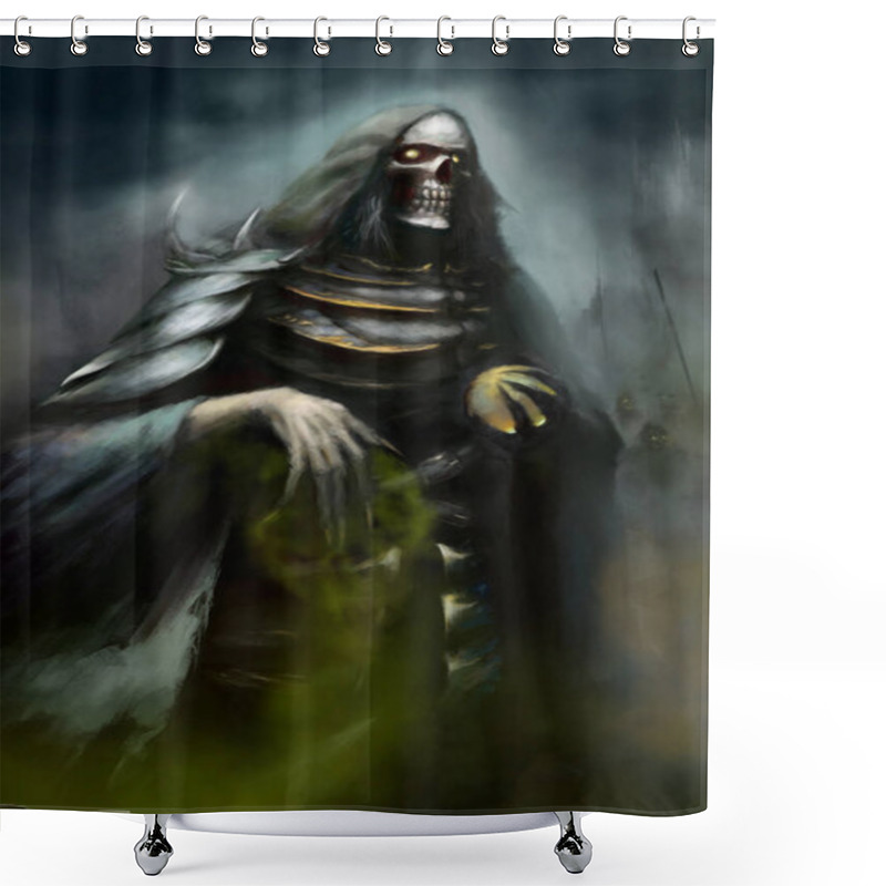 Personality  An Ancient Evil Skeleton Lich Holds A Magic Sphere In His Hand And Uses Dark Magic, He Is Dressed In A Torn Cloak And Armor, Followed By An Army Of The Dead. Shower Curtains