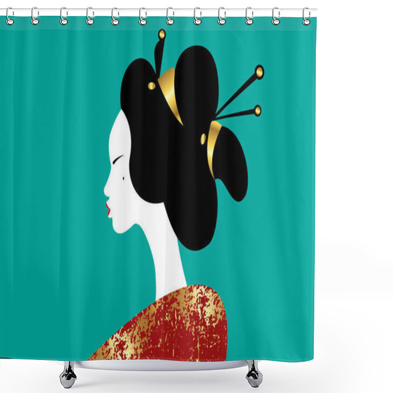 Personality  Portrait Of The Young Japanese Girl Ancient Hairstyle. Geisha, Maiko, Princess. Traditional Asian Woman Style. Print, Poster, T Shirt, Card. Vector Illustration Isolated On Green Vintage Background Shower Curtains