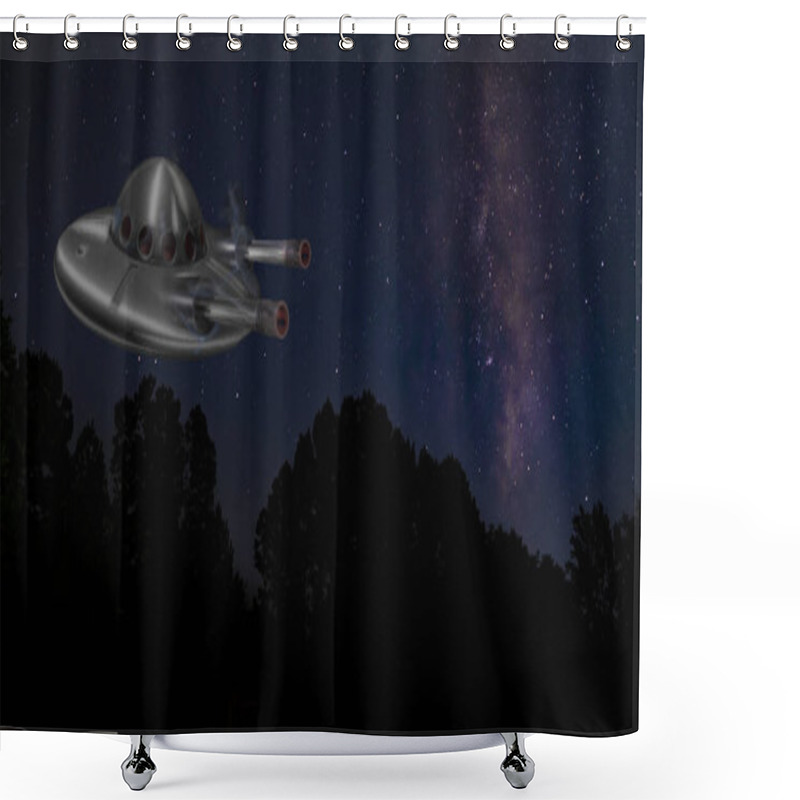 Personality  UFO Over A Dark Forest At Night With Two Guns And The Milky Way Is Behind Shower Curtains