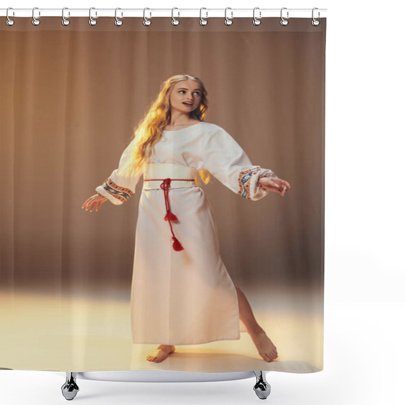 Personality  A Young Mavka-like Figure Adorns A White Dress With An Intricate Red Belt, Exuding An Air Of Enchantment In A Whimsical Studio Setting. Shower Curtains