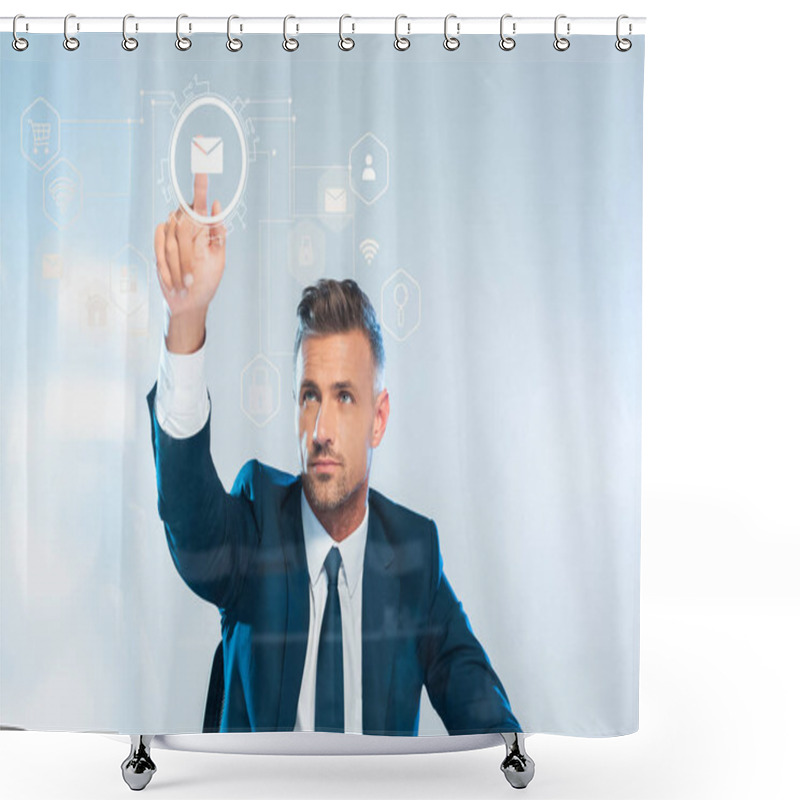 Personality  Handsome Businessman Pointing On Male Icon Isolated On White, Artificial Intelligence Concept Shower Curtains