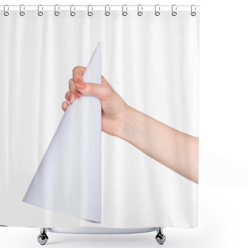 Personality  The Cone In Female Hands On White Background Shower Curtains