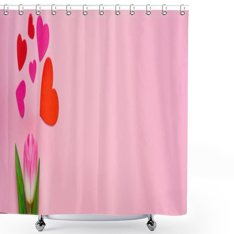 Personality  Top View Of Paper Hearts And Tulip On Pink Background, Panoramic Shot Shower Curtains