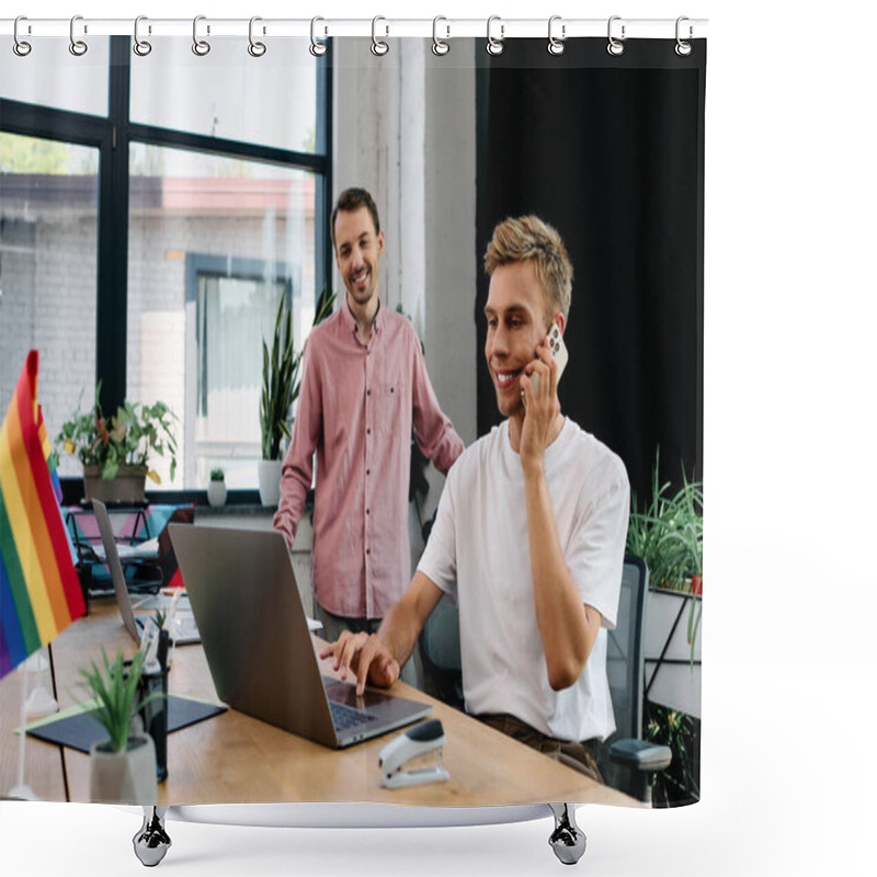 Personality  A Cheerful Young Man Talks On The Phone While His Partner Smiles, Creating A Productive Atmosphere. Shower Curtains