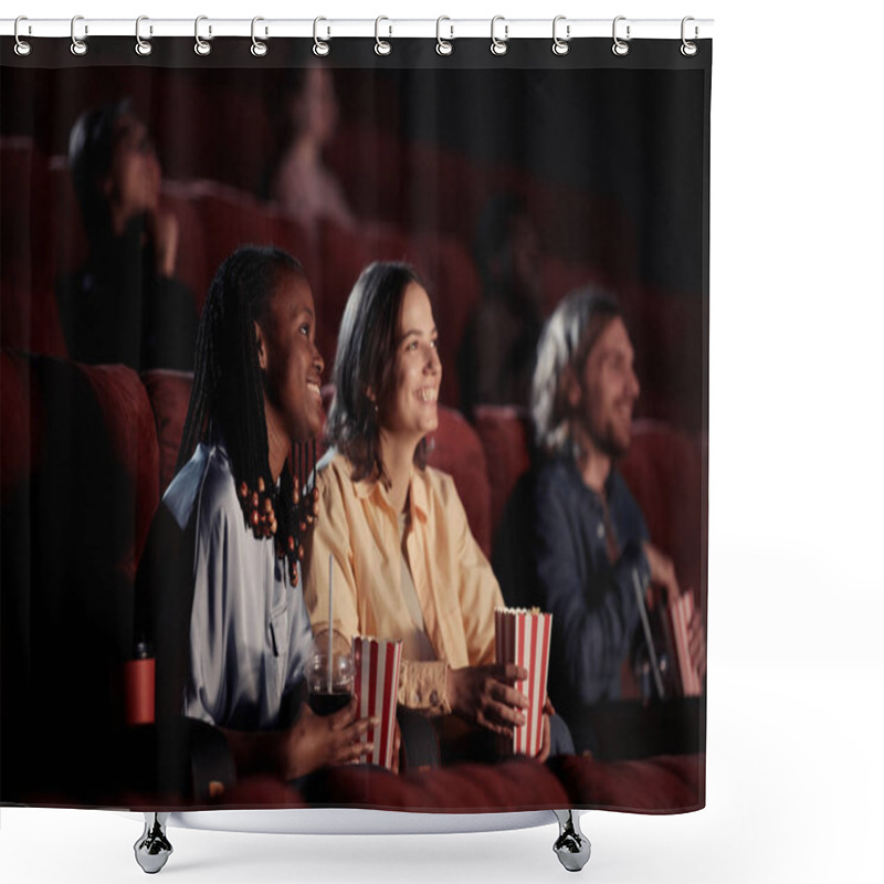 Personality  Two Happy Girls Eating Popcorn And Laughing During Watching Comedy In The Cinema Shower Curtains