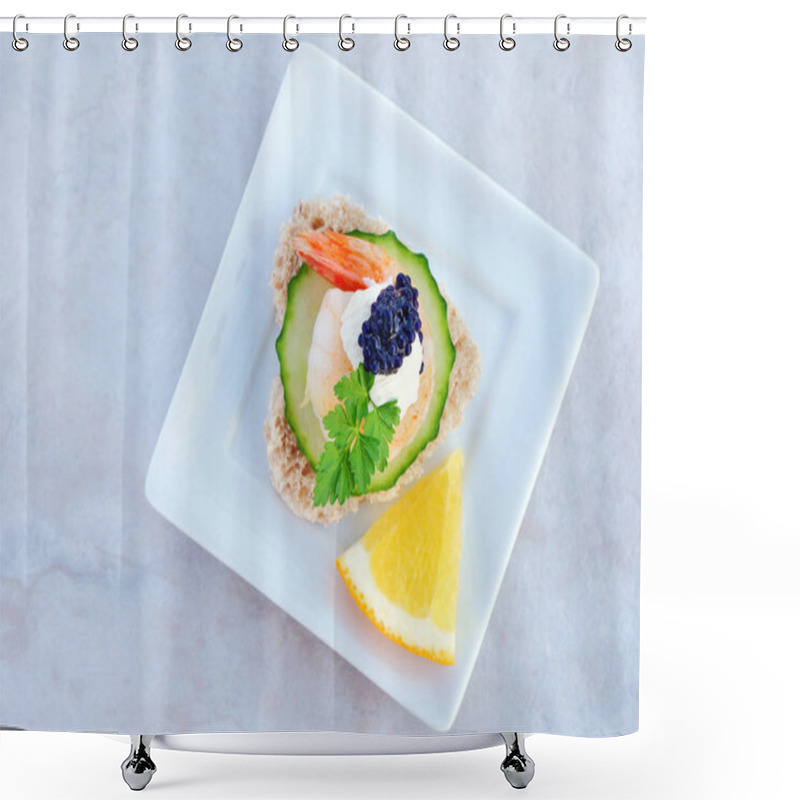 Personality  Elegant Canapes With Shrimp And Black Caviar Served In White Porcelain Serving Dish Over Marbled Tabletop Overhead, Top View Shower Curtains