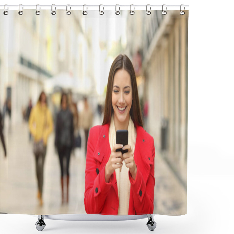 Personality  Fashion Woman Using A Smartphone In Winter Shower Curtains