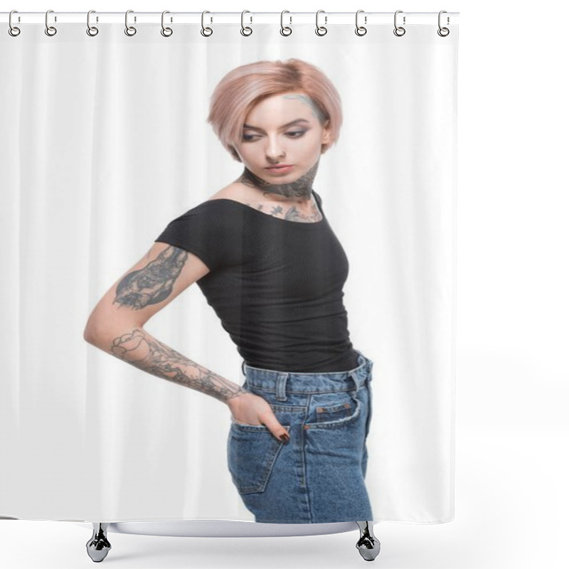 Personality  Stylish Tattooed Girl With Pink Hair, Isolated On White Shower Curtains