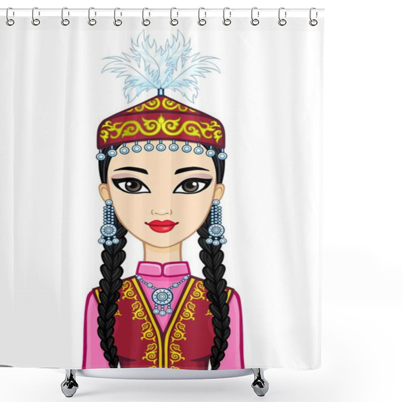 Personality  Asian Beauty. Animation Portrait Of A Beautiful Girl In Ancient National Cap And Jewelry. Central Asia. Vector Illustration Isolated On A White Background. Print, Poster, T-shirt, Card. Shower Curtains