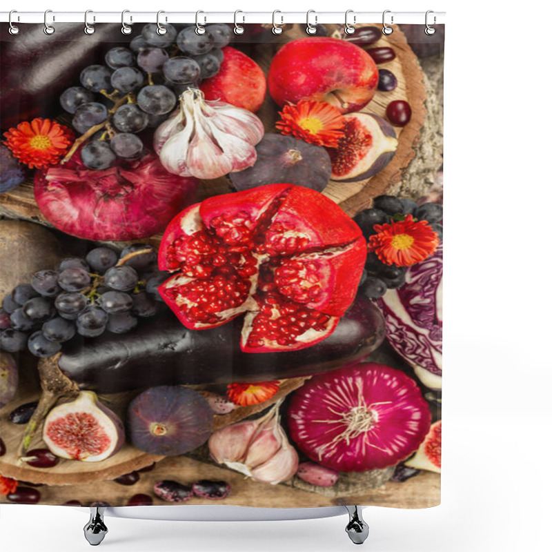 Personality  Blue, Red And Purple Food. Culinary Background Of Fruits And Vegetables. Fresh Figs, Plums, Onion, Eggplant, Grape, Cabbage, Apple, Garlic, Dogwood, Pomegranate, Beetroot. Wooden Stands And Old Boards Shower Curtains