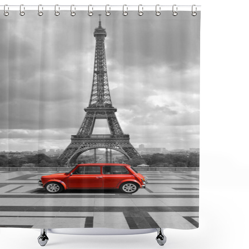 Personality  Eiffel Tower With Car. Black And White Photo With Red Element. Shower Curtains