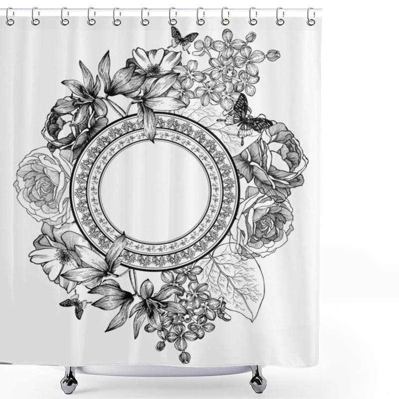 Personality  Black And White Vector Illustration. Frame With Flowers And Butt Shower Curtains