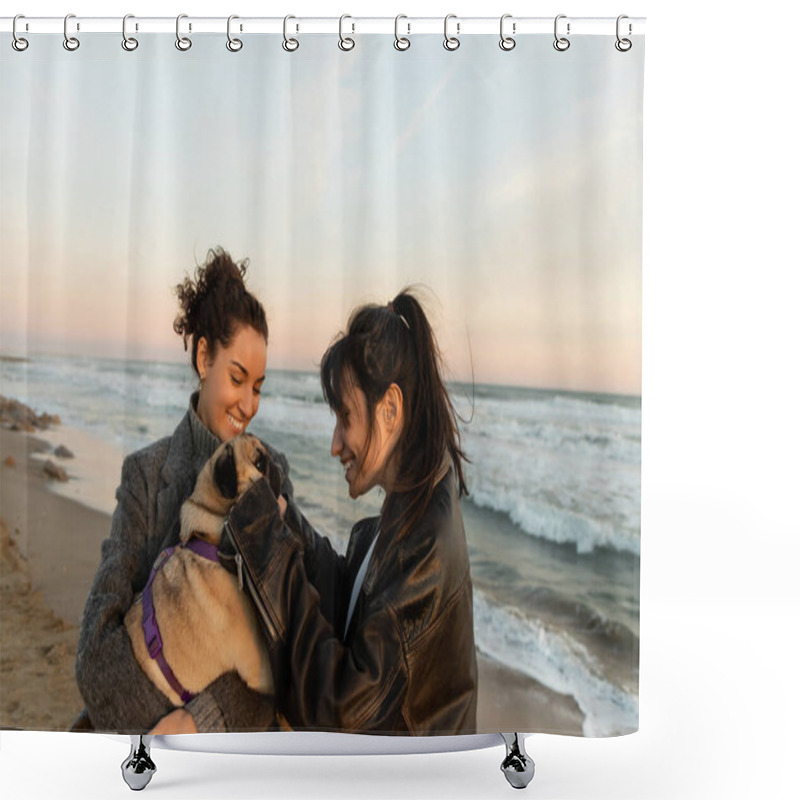 Personality  Cheerful Woman Playing With Pug Dog Near Curly Friend On Beach  Shower Curtains