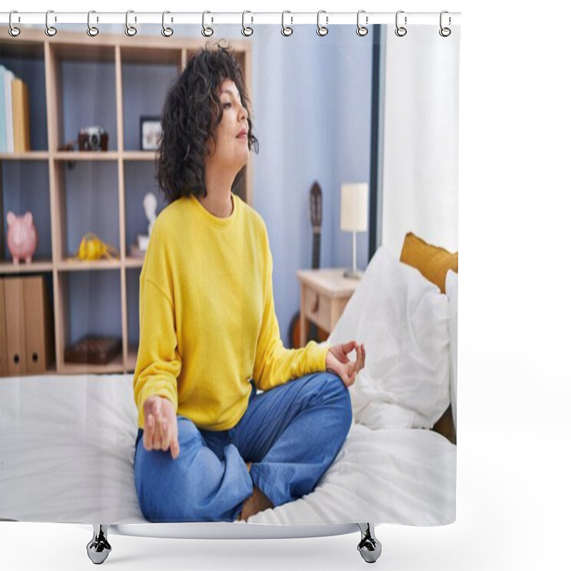 Personality  Young Beautiful Hispanic Woman Doing Yoga Exercise Sitting On Bed At Bedroom Shower Curtains