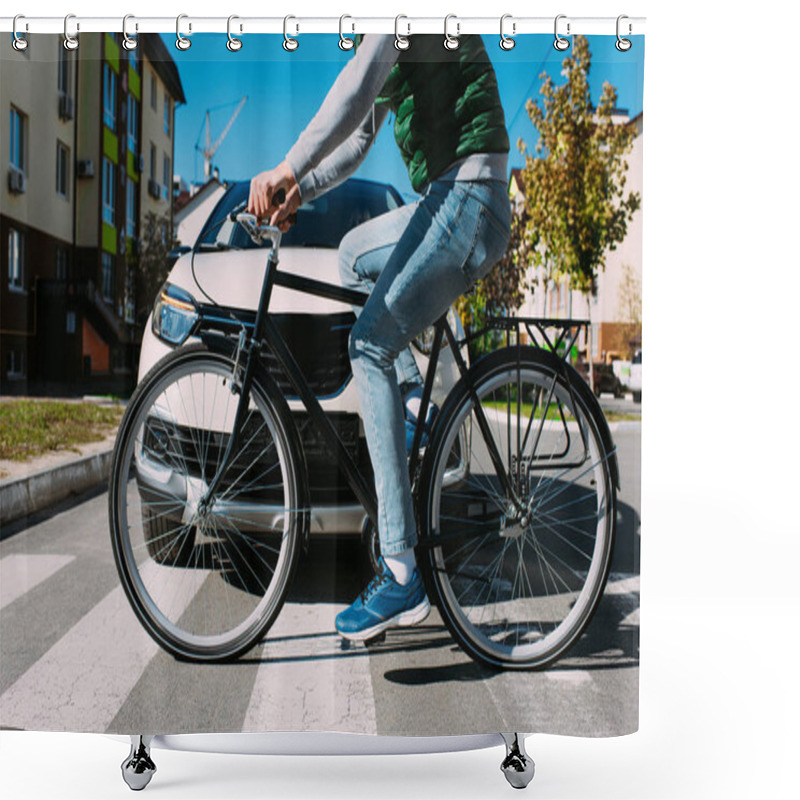 Personality  Partial View Of Man On Bicycle Crossing Road While Driver In Car Waiting  Shower Curtains