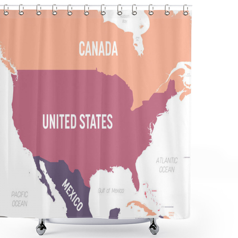 Personality  USA Map. High Detailed Political Map United States Of America And Neighboring Countries With Country, Ocean And Sea Names Labeling Shower Curtains