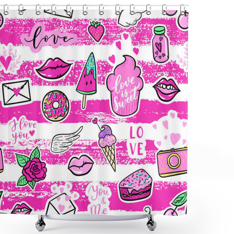 Personality  Vector Seamless Pattern With Fashion Fun Patches: Lip, Star, Strawberry, Speech Bubble On Stripe Background. Pop Art Stickers, Patches, Pins, Badges 80s-90s Style Shower Curtains