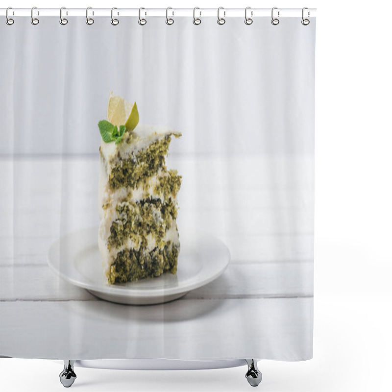 Personality  Piece Of White Cake Decorated With Mint Leaves And Line Slices On Saucer Isolated On White  Shower Curtains