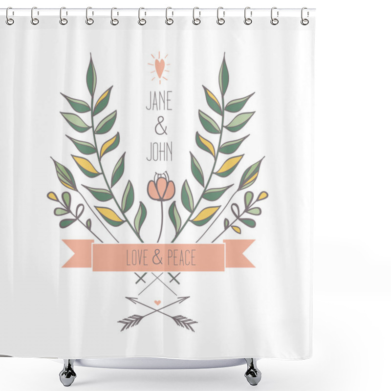 Personality  Floral Retro Wedding Invitation Or Birthday Card With Leaves,arrows,flowe Rs And Hearts Shower Curtains