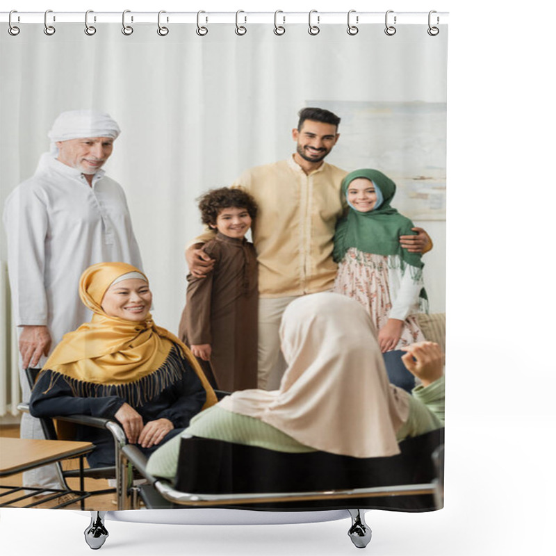 Personality  Smiling Arabian Man Embracing Kids Near Multiethnic Muslim Family Talking At Home Shower Curtains