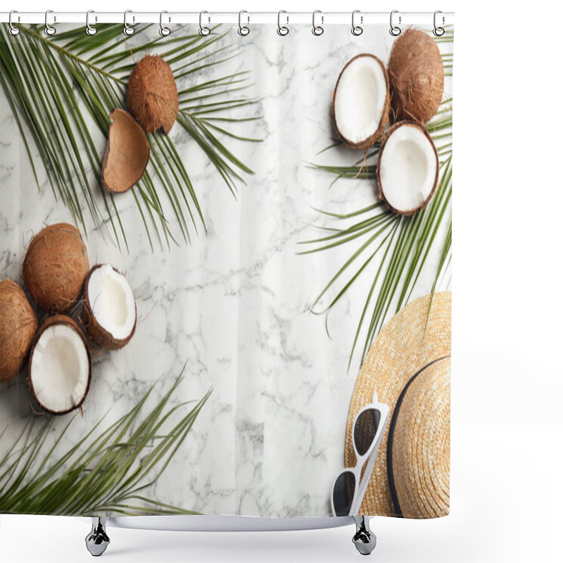 Personality  Flat Lay Composition With Coconuts And Space For Text On Marble Background Shower Curtains