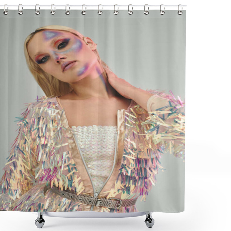 Personality  A Young Woman Showcases Her Fashionable Holographic Outfit With Artistic Makeup. Shower Curtains