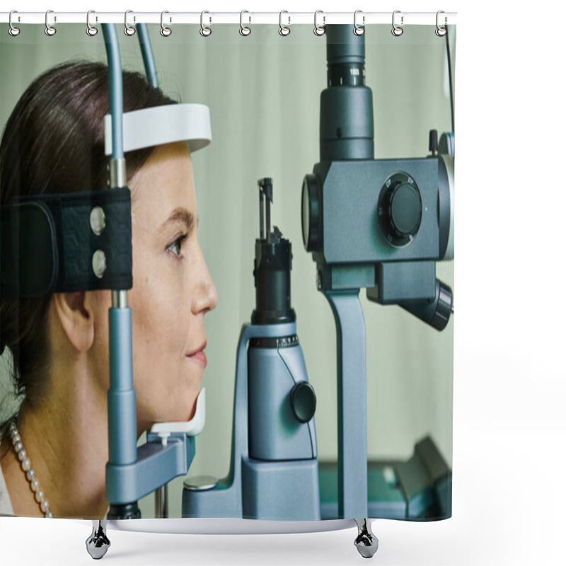 Personality  Beautiful Female Patient Checking Her Vision. Shower Curtains