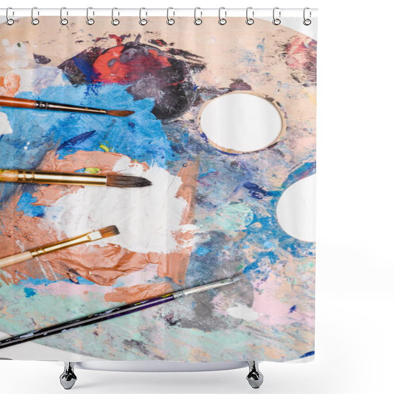 Personality  Top View Of Palette With Paints And Paintbrushes Isolated On White Shower Curtains